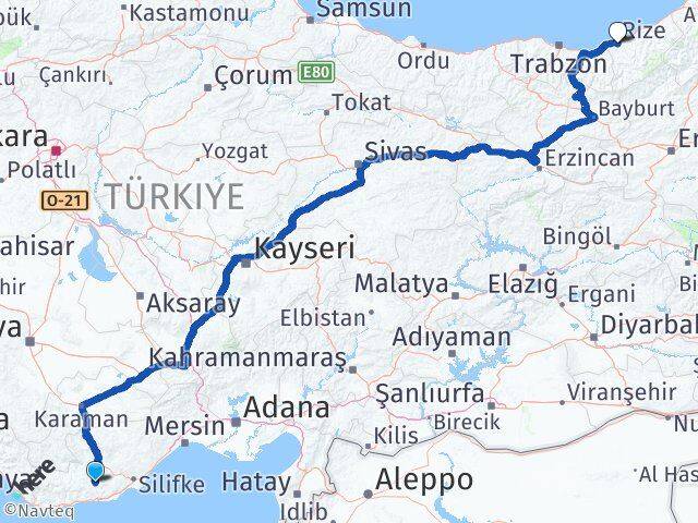 Mersin Gülnar Rize Arası Kaç Km - Yol Haritası