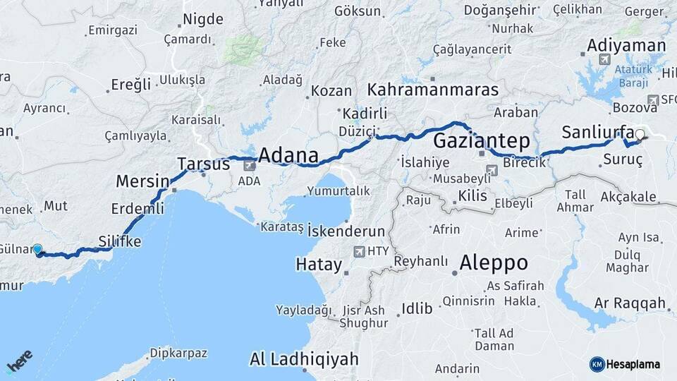 Mersin Gülnar Şanlıurfa Arası Kaç Km - Yol Haritası