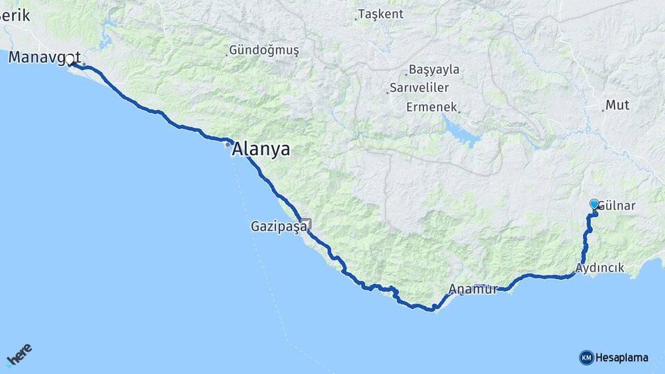 Mersin Gülnar Side Manavgat Antalya Arası Kaç Km - Yol Haritası