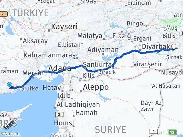 Mersin Gülnar Siirt Arası Kaç Km - Yol Haritası