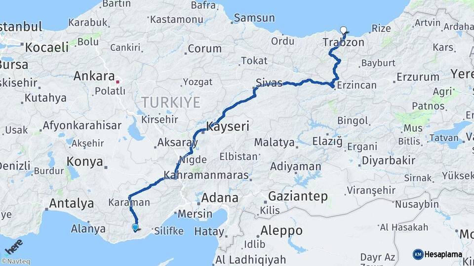 Mersin Gülnar Trabzon Arası Kaç Km - Yol Haritası