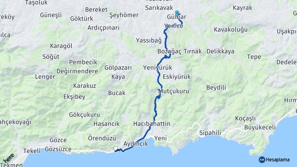 Mersin Gülnar Yenikaş Aydıncık Arası Kaç Km - Yol Haritası