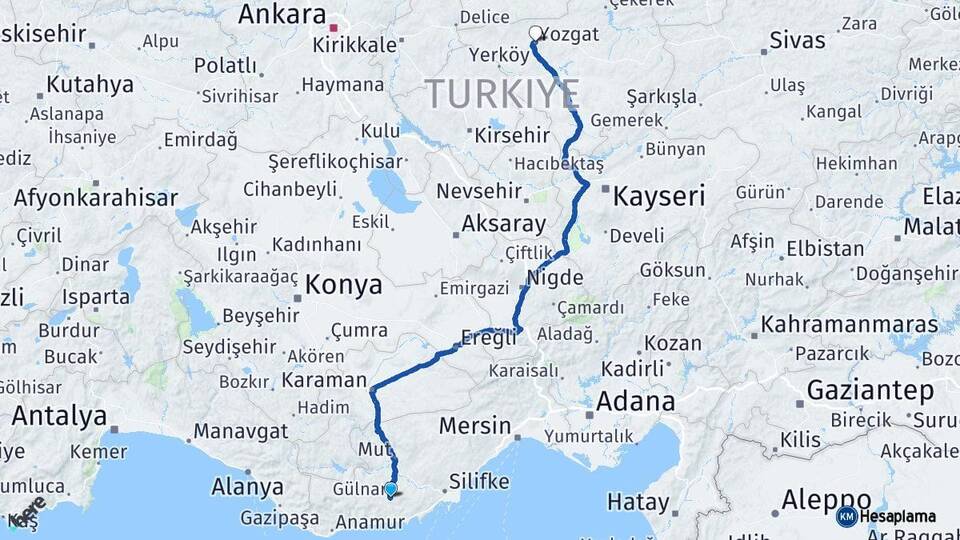 Mersin Gülnar Yozgat Arası Kaç Km - Yol Haritası