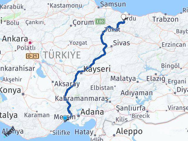 Mersin Gürgentepe Ordu Arası Kaç Km - Yol Haritası
