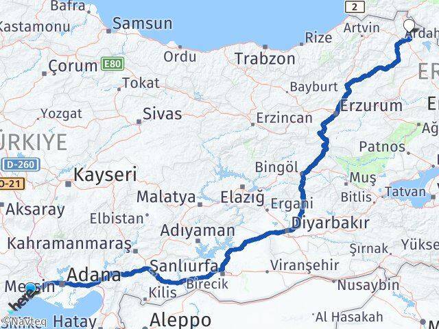 Mersin Hanak Ardahan Arası Kaç Km - Yol Haritası