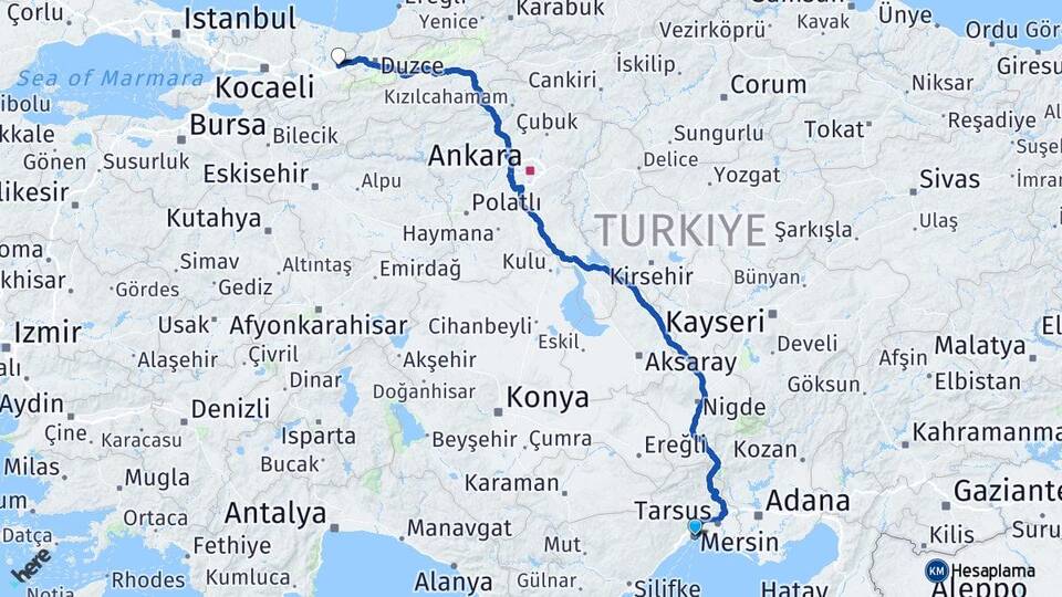 Mersin Hendek Sakarya Arası Kaç Km - Yol Haritası