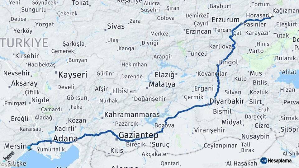 Mersin Horasan Erzurum Arası Kaç Km - Yol Haritası