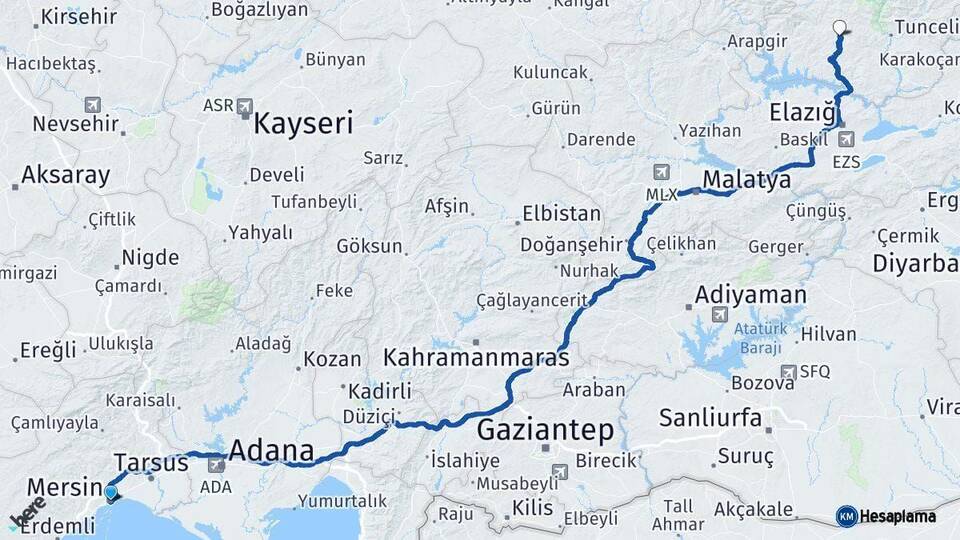 Mersin Hozat Tunceli Arası Kaç Km - Yol Haritası
