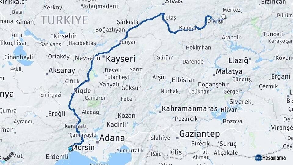 Mersin İliç Erzincan Arası Kaç Km - Yol Haritası