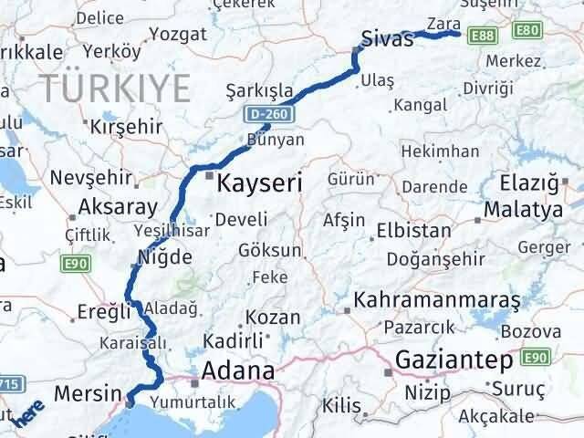 Mersin İmranlı Sivas Arası Kaç Km - Yol Haritası