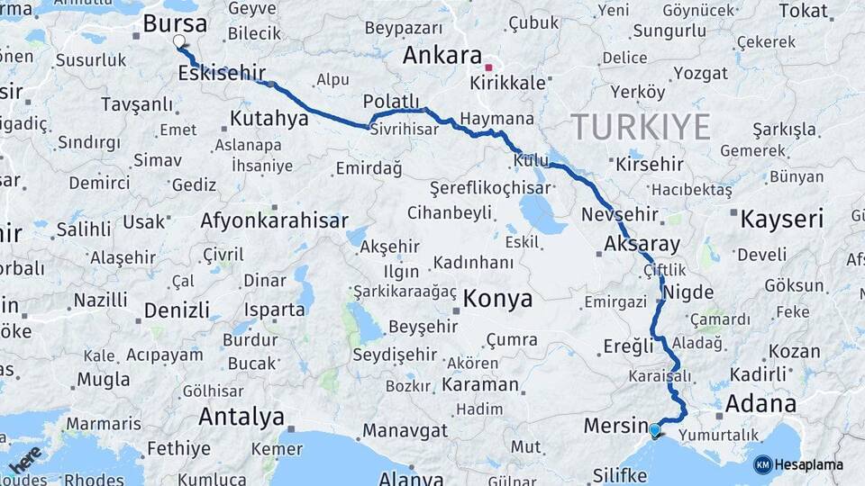 Mersin İnegöl Arası Kaç Km - Yol Tarifi