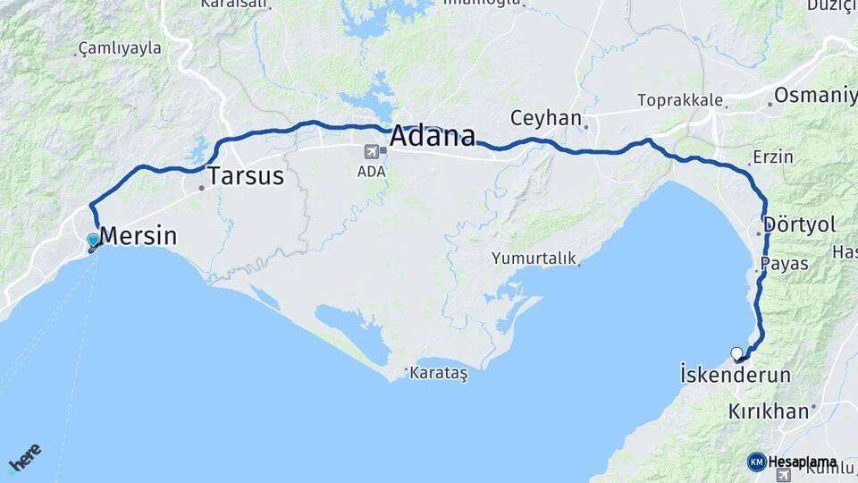 Mersin İskenderun Hatay Arası Kaç Km - Yol Haritası