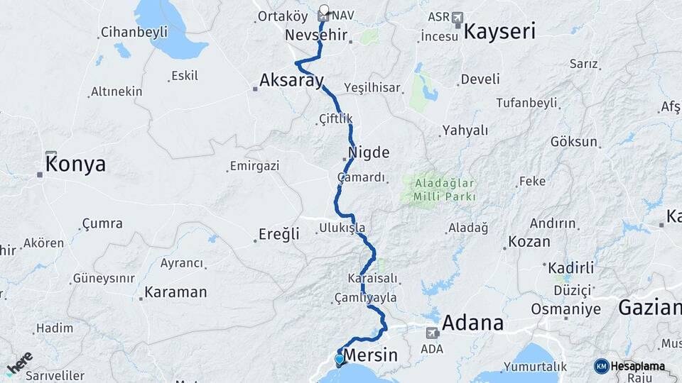 Mersin Kapadokya Havalimanı Arası Kaç Km - Yol Haritası