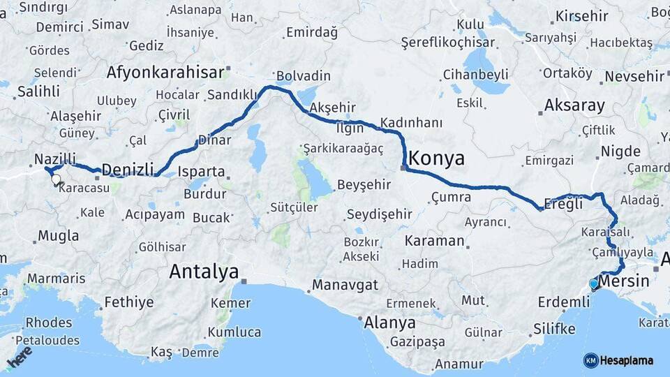 Mersin Karacasu Aydın Arası Kaç Km - Yol Haritası