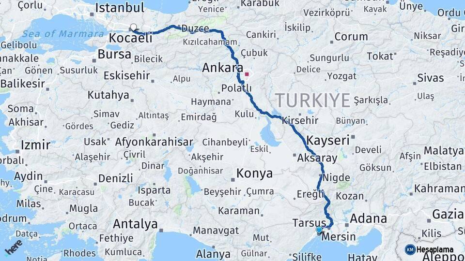Mersin Kartepe Kocaeli Arası Kaç Km - Yol Haritası
