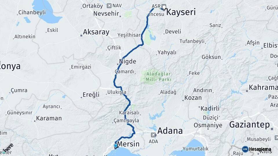 Mersin Kayseri Arası Kaç Km - Yol Haritası