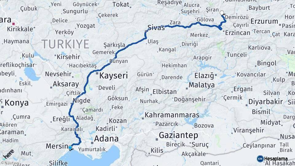 Mersin Kelkit Gümüşhane Arası Kaç Km - Yol Haritası