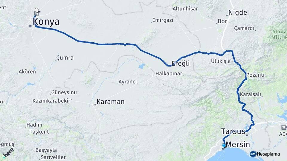 Mersin Konya Havalimanı Arası Kaç Km - Yol Haritası