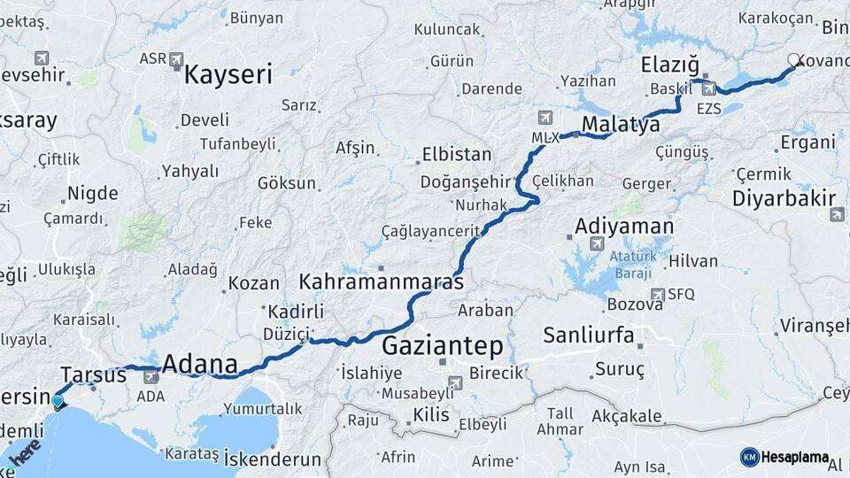 Mersin Kovancılar Elazığ Arası Kaç Km - Yol Haritası