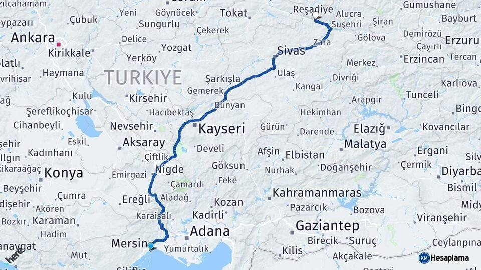 Mersin Koyulhisar Sivas Arası Kaç Km - Yol Haritası