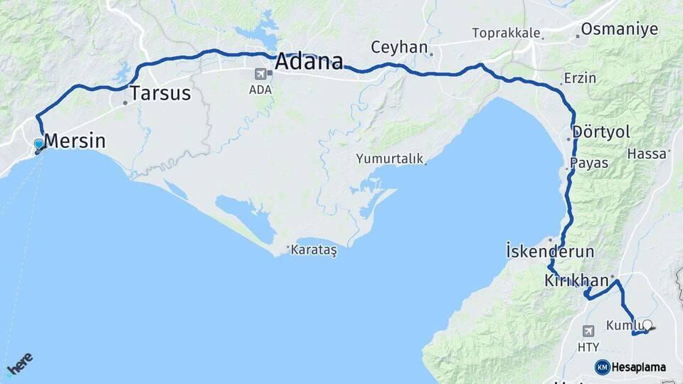 Mersin Kumlu Hatay Arası Kaç Km - Yol Haritası