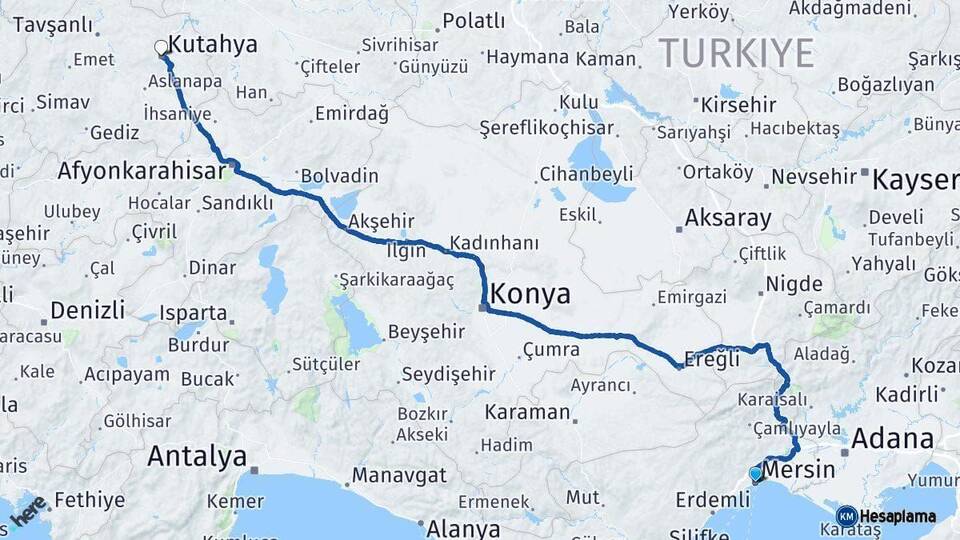 Mersin Kütahya Arası Kaç Km - Yol Haritası