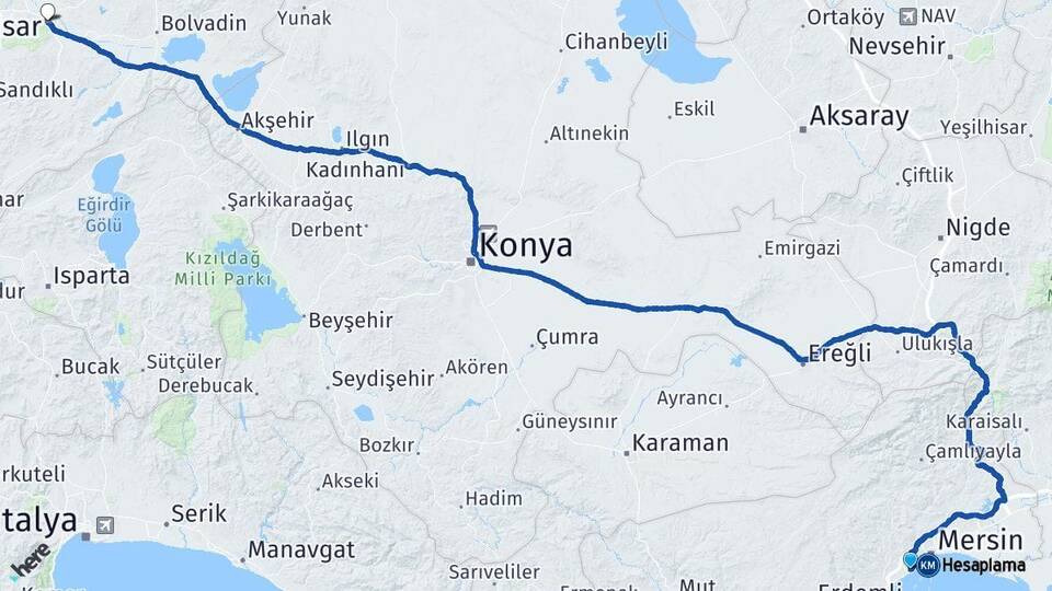 Mersin Mezitli Afyonkarahisar Arası Kaç Km - Yol Haritası