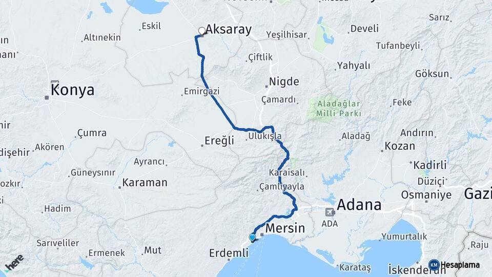 Mersin Mezitli Aksaray Arası Kaç Km - Yol Haritası