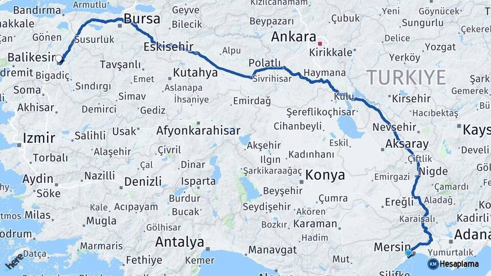 Mersin Mezitli Balıkesir Arası Kaç Km - Yol Haritası