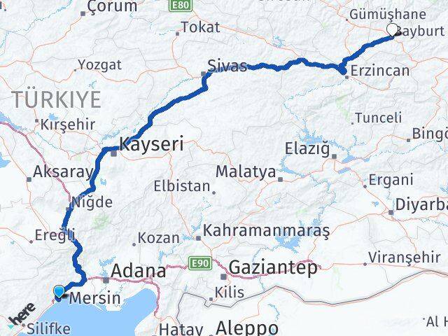 Mersin Mezitli Bayburt Arası Kaç Km - Yol Haritası