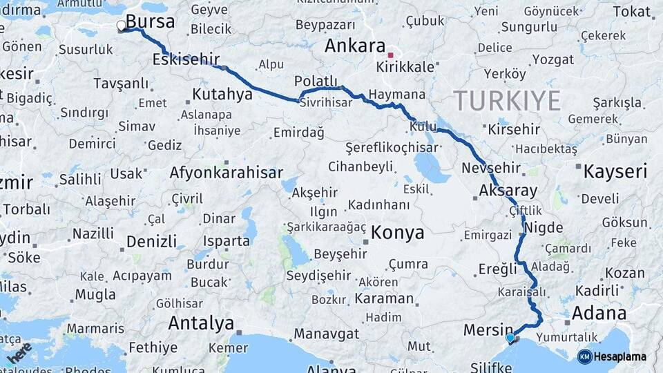 Mersin Mezitli Bursa Arası Kaç Km - Yol Haritası