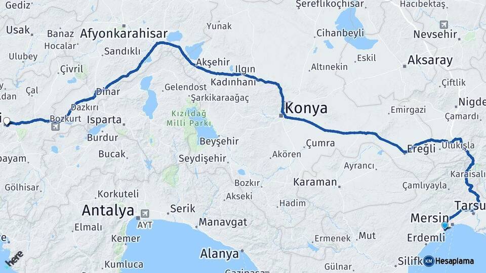 Mersin Mezitli Denizli Arası Kaç Km - Yol Haritası
