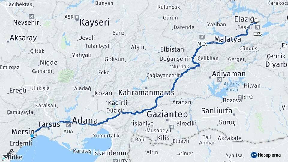 Mersin Mezitli Elazığ Arası Kaç Km - Yol Haritası