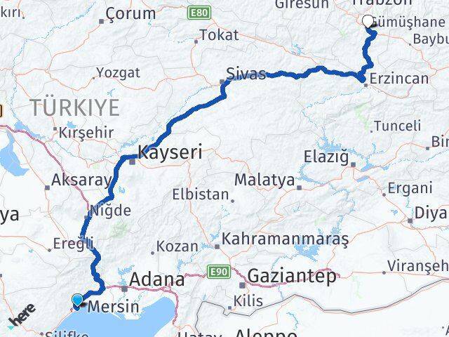 Mersin Mezitli Gümüşhane Arası Kaç Km - Yol Haritası