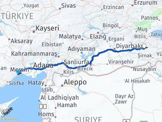 Mersin Mezitli Siirt Arası Kaç Km - Yol Haritası