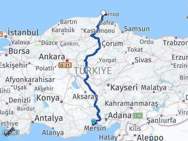 Mersin Mezitli Sinop Arası Kaç Km - Yol Haritası
