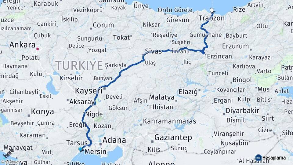 Mersin Mezitli Trabzon Arası Kaç Km - Yol Haritası