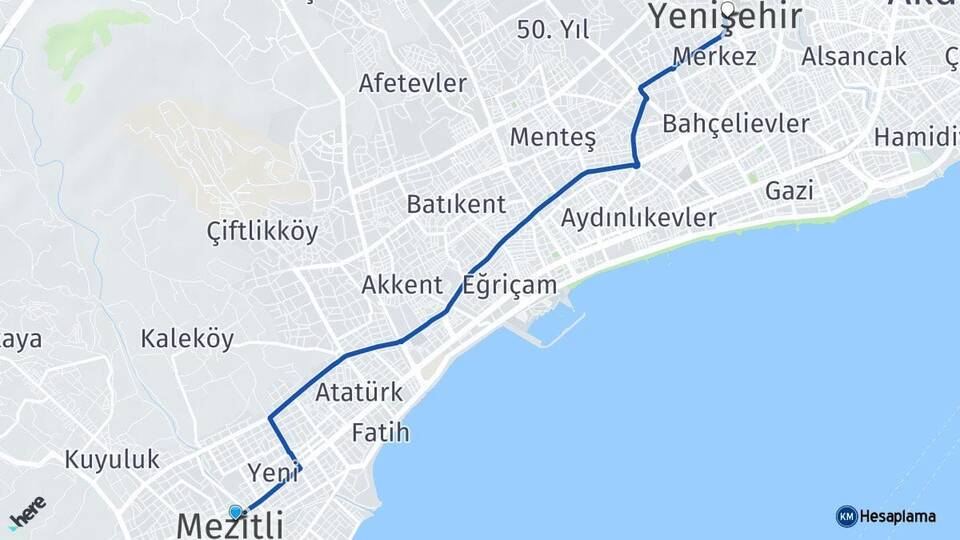 Mersin Mezitli Yenişehir Arası Kaç Km - Yol Haritası