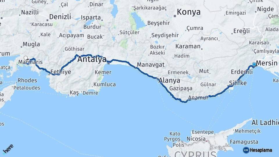 Mersin Muğla Arası Kaç Km - Yol Haritası