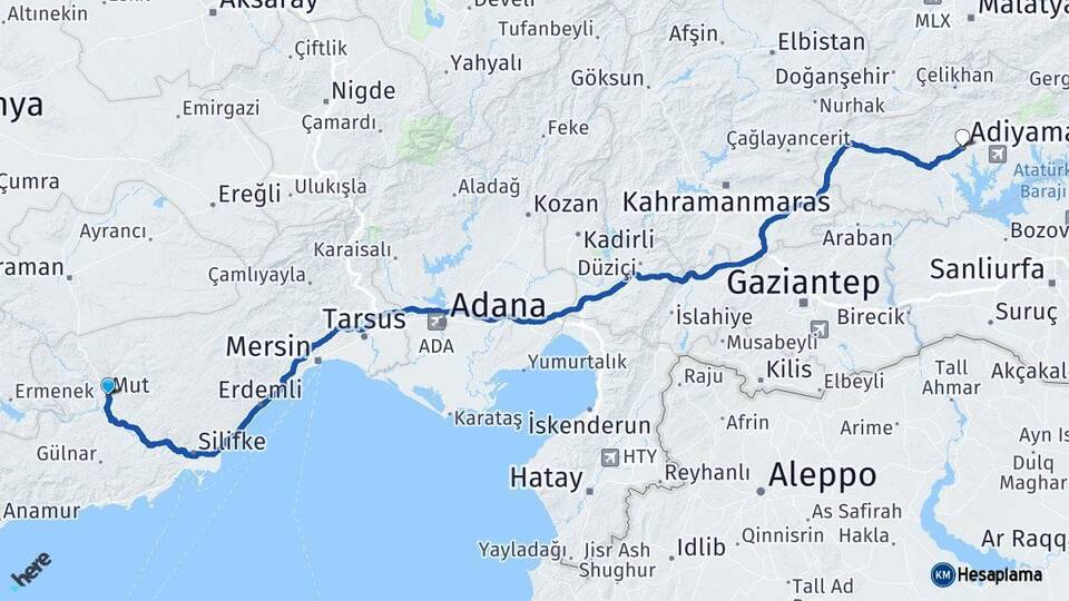 Mersin Mut Adıyaman Arası Kaç Km - Yol Haritası