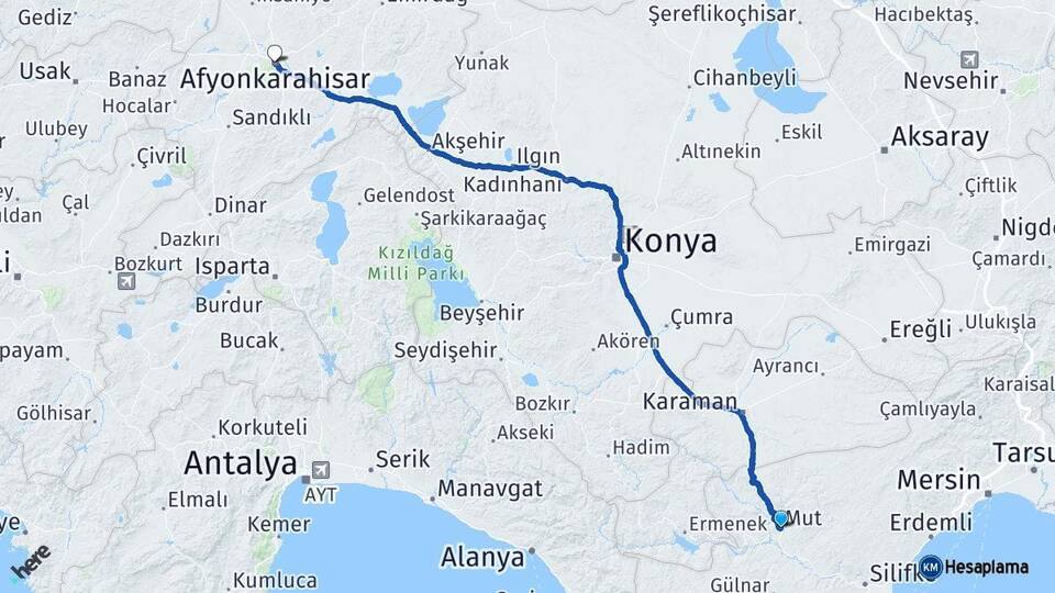Mersin Mut Afyonkarahisar Arası Kaç Km - Yol Haritası