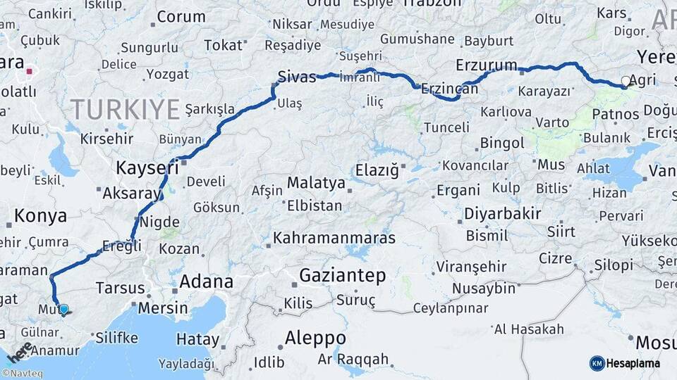 Mersin Mut Ağrı Arası Kaç Km - Yol Haritası