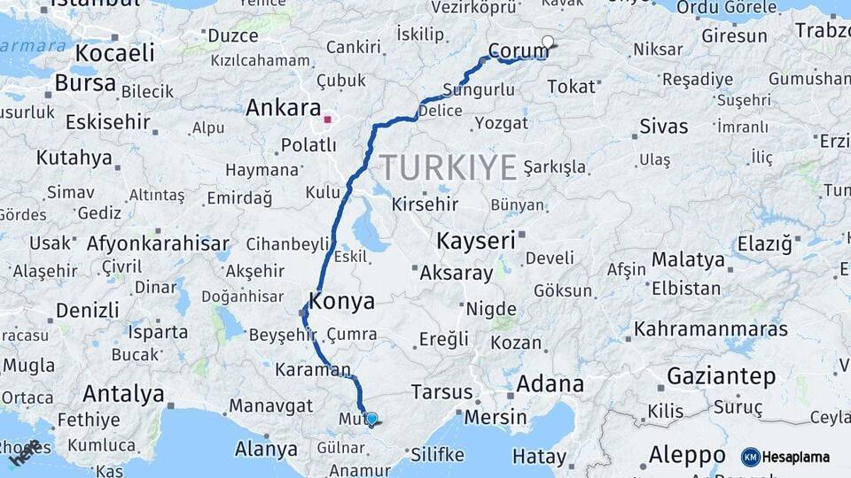 Mersin Mut Amasya Arası Kaç Km - Yol Haritası