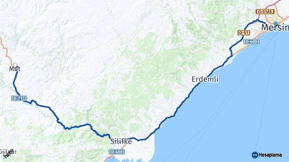 Mersin Mut Arası Kaç Km - Yol Haritası