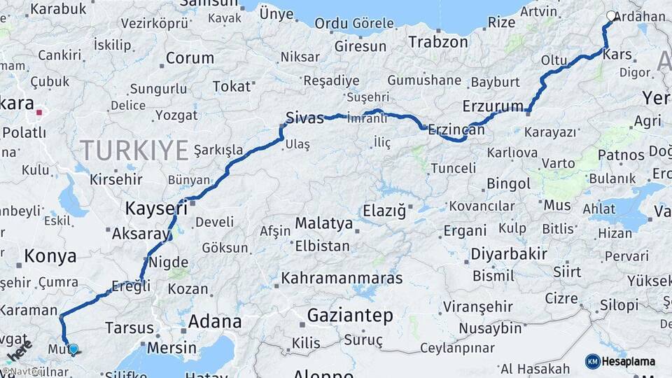 Mersin Mut Ardahan Arası Kaç Km - Yol Haritası