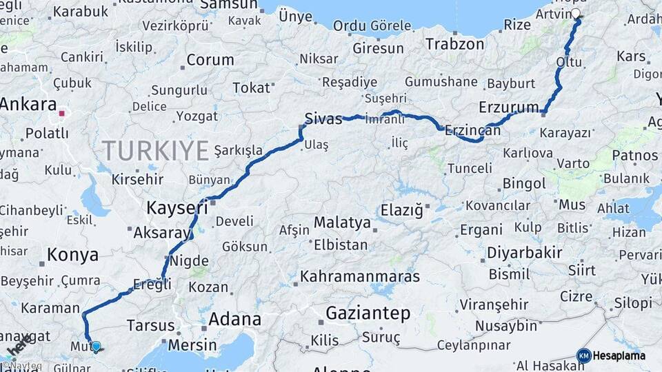 Mersin Mut Artvin Arası Kaç Km - Yol Haritası