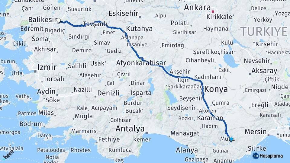 Mersin Mut Balıkesir Arası Kaç Km - Yol Haritası