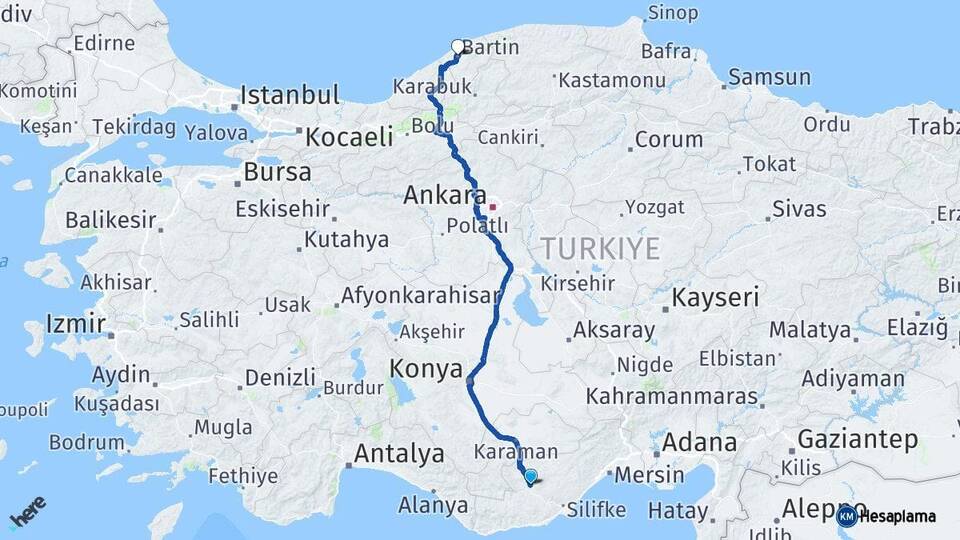 Mersin Mut Bartın Arası Kaç Km - Yol Haritası
