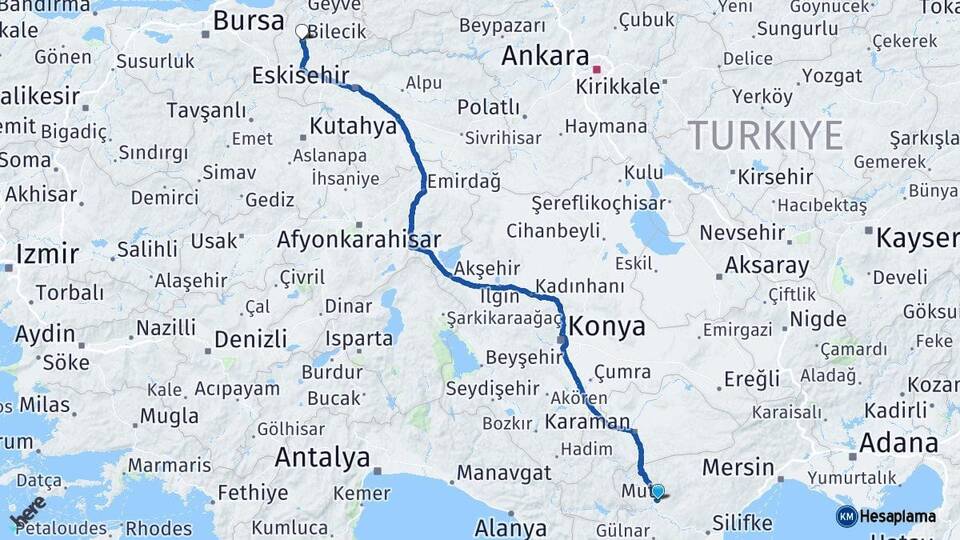Mersin Mut Bilecik Arası Kaç Km - Yol Haritası