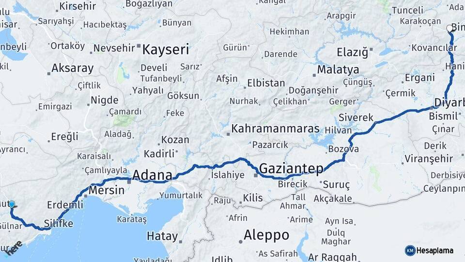 Mersin Mut Bingöl Arası Kaç Km - Yol Haritası